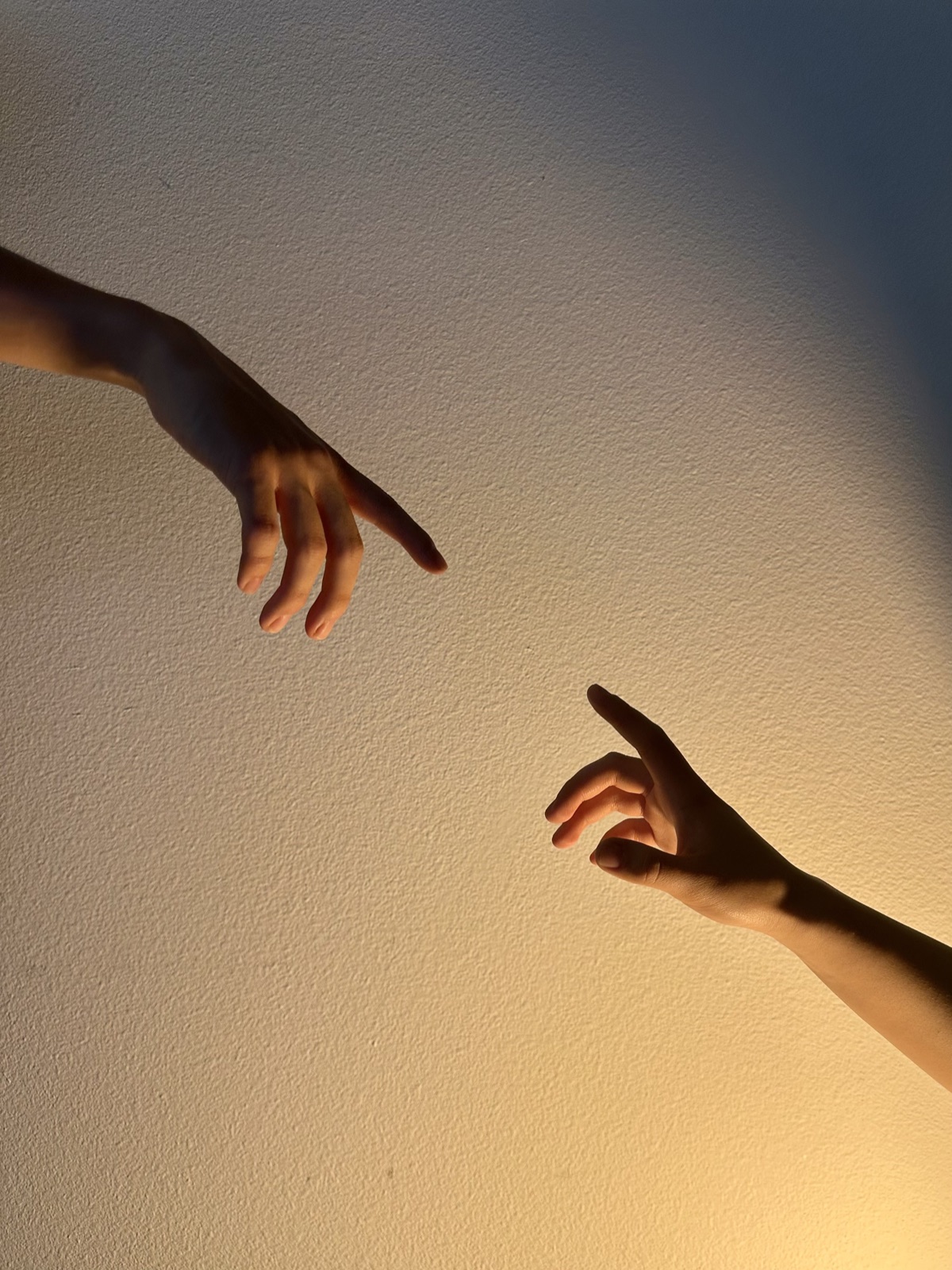 Two hands reaching toward each other in warm evening light
