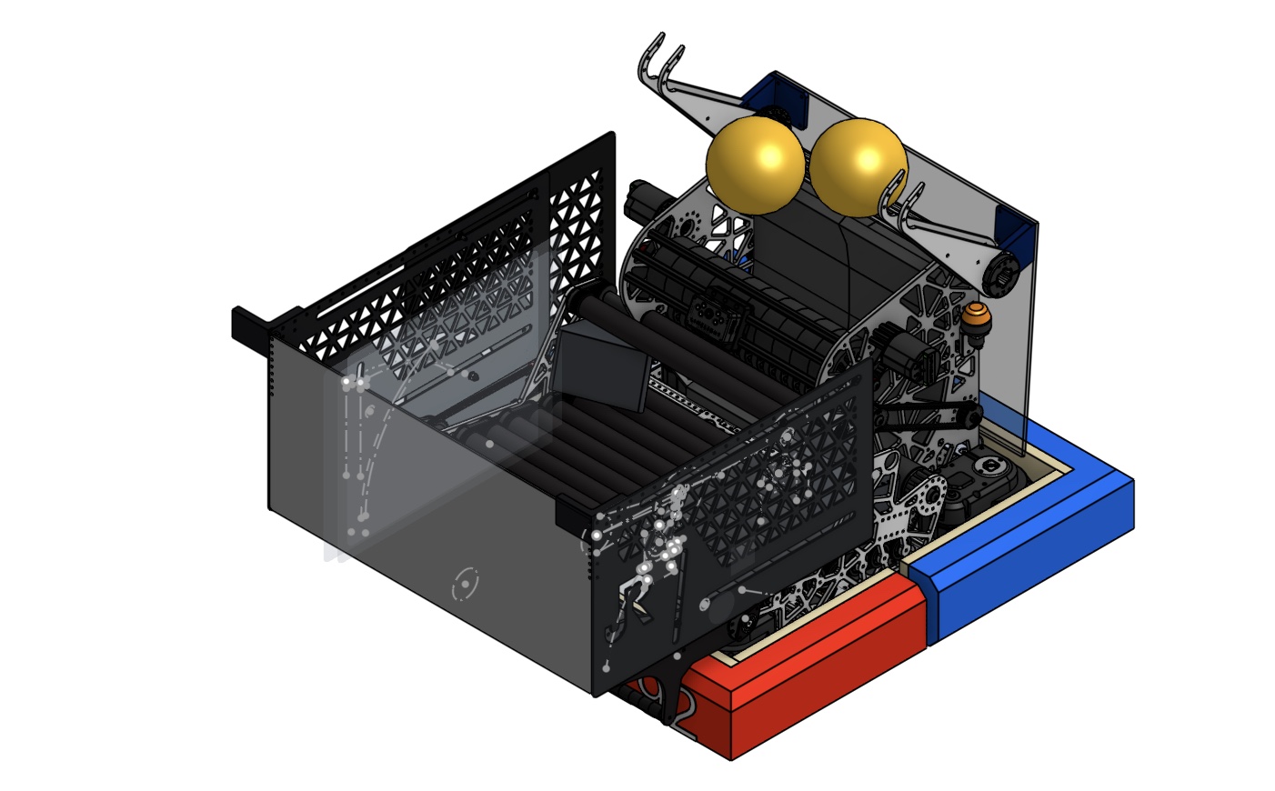 CAD render of the season's robot with intake and shooter assemblies